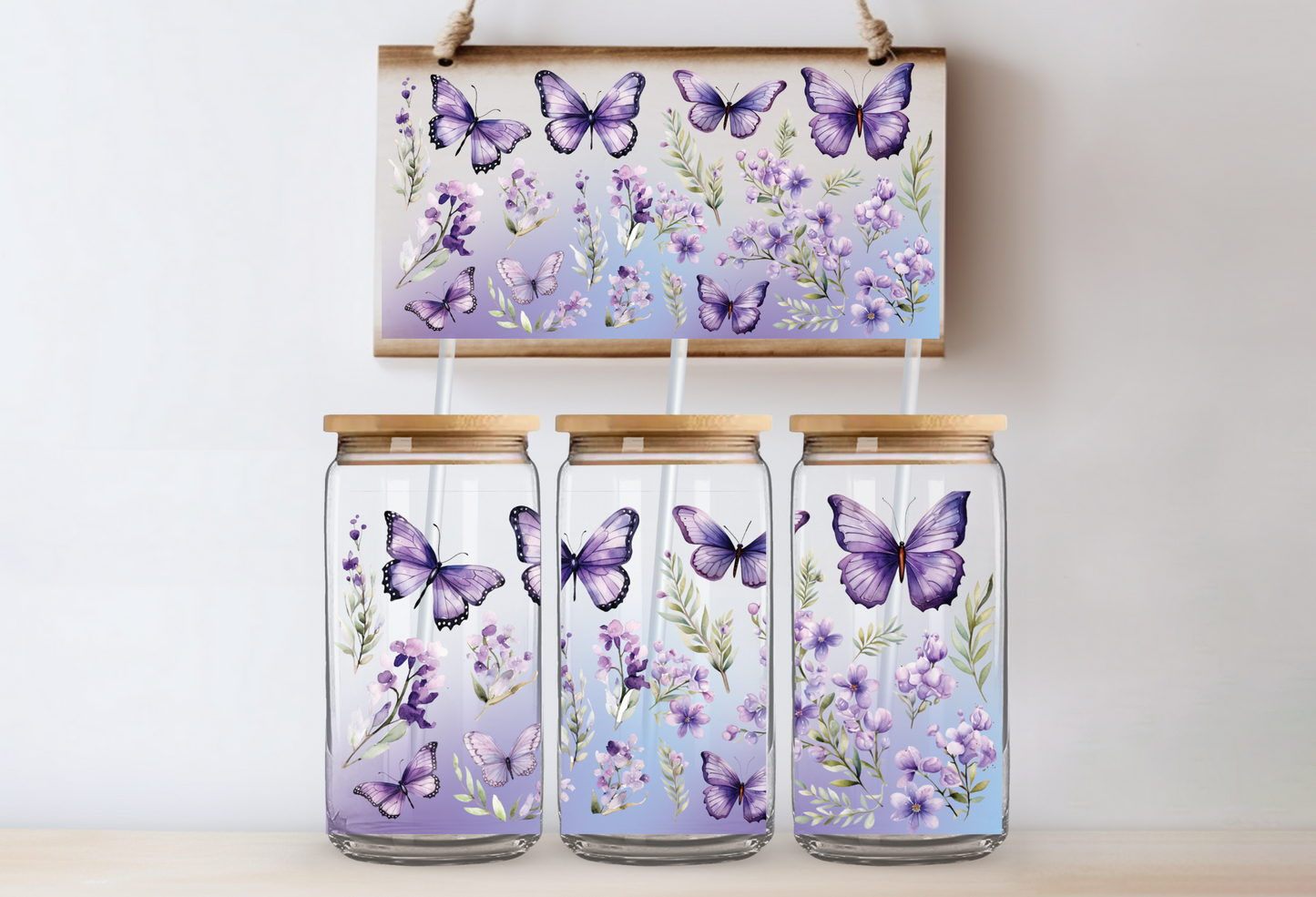 16oz Purple Butterflies Can Glass Cup